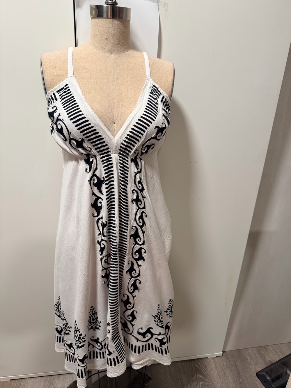 White Midi Dress with Black Embroidered Trim